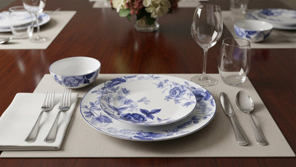 Blue Floral Rose Bone China Dinnerware Set, 16 Piece