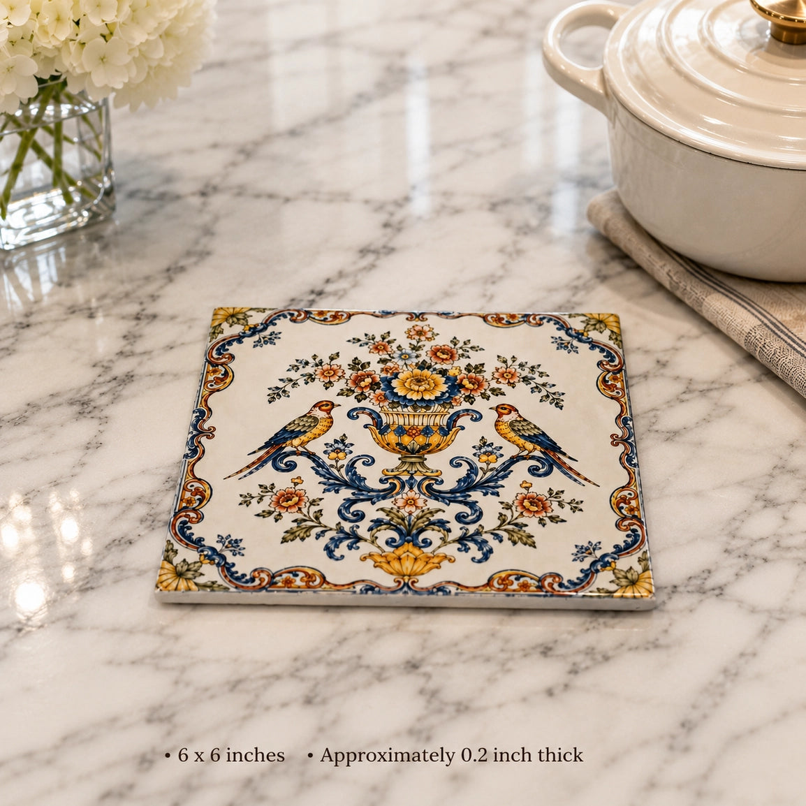 Vintage Floral & Birds Ceramic Trivet – 6" Square