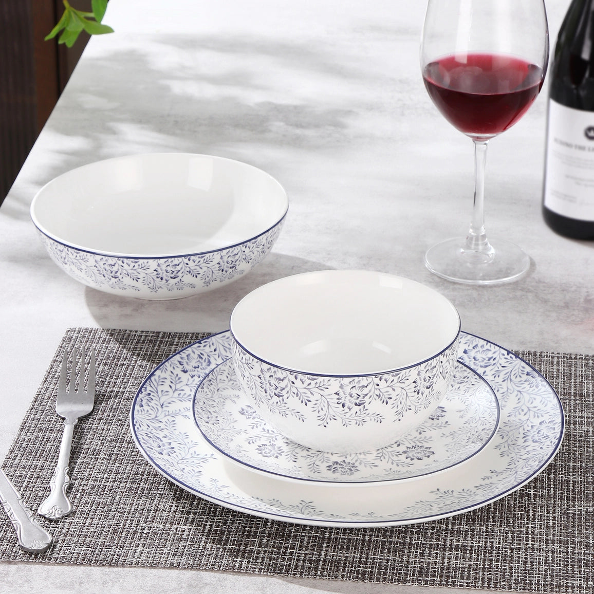 Delicate Blue Floral Bone China Dinnerware Set 16 Pc for 4