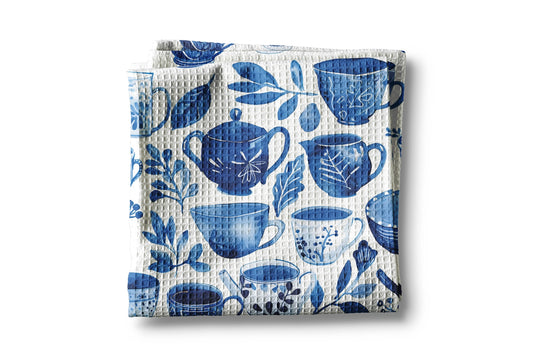Blue Tea Cup Waffle Weave Towel