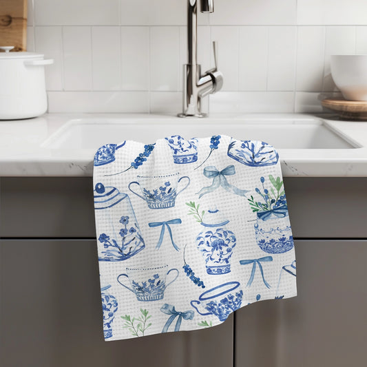 Chinoiserie Blue Floral Vase Waffle Weave Towel