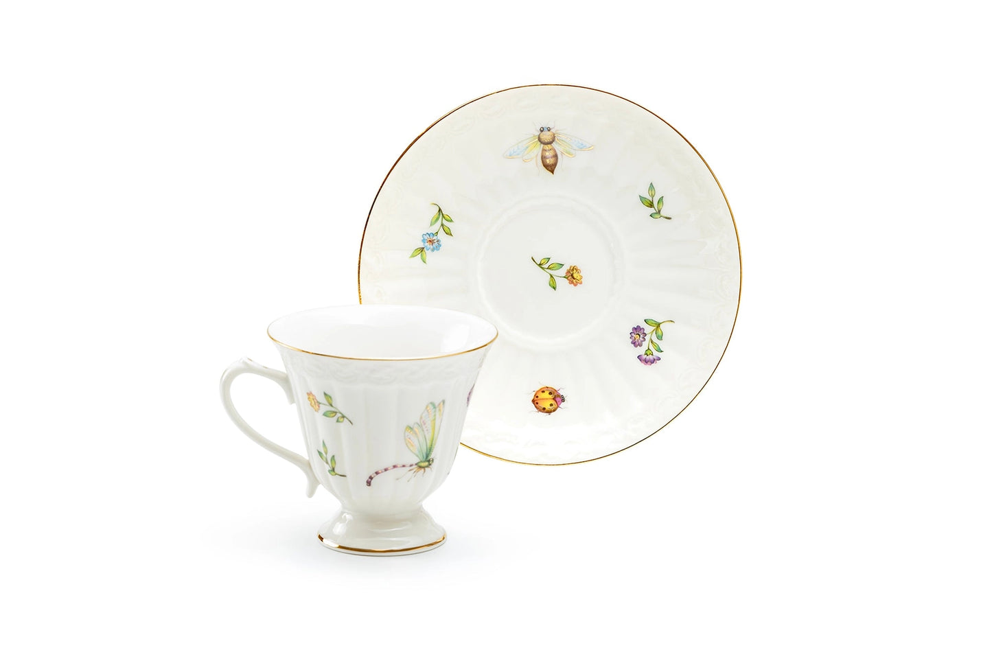 Summer Garden 7 oz Fine Porcelain Tea Cup and Saucer Set of 4