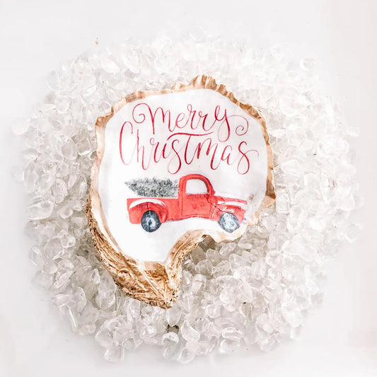 Vintage Red Christmas Truck Oyster Shell Ornament or Dish