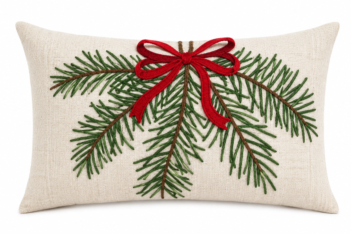 Embroidered Pine Branch & Red Bow Throw Pillow
