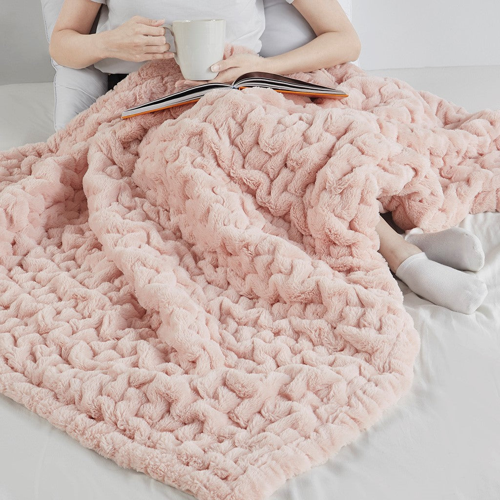 Ruched Fur Throw Blanket 50x60", Blush Pink