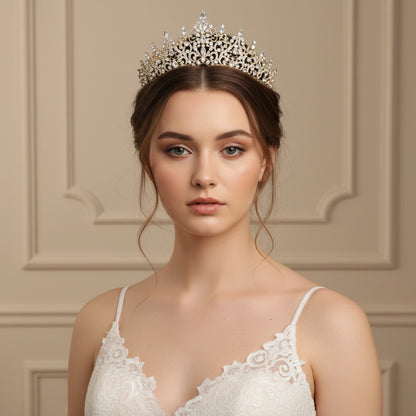 Woman wearing a sparkling tiara against a beige wall