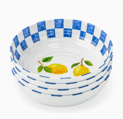 Set of three ceramic bowls with blue checkered rim and lemon design on a white background