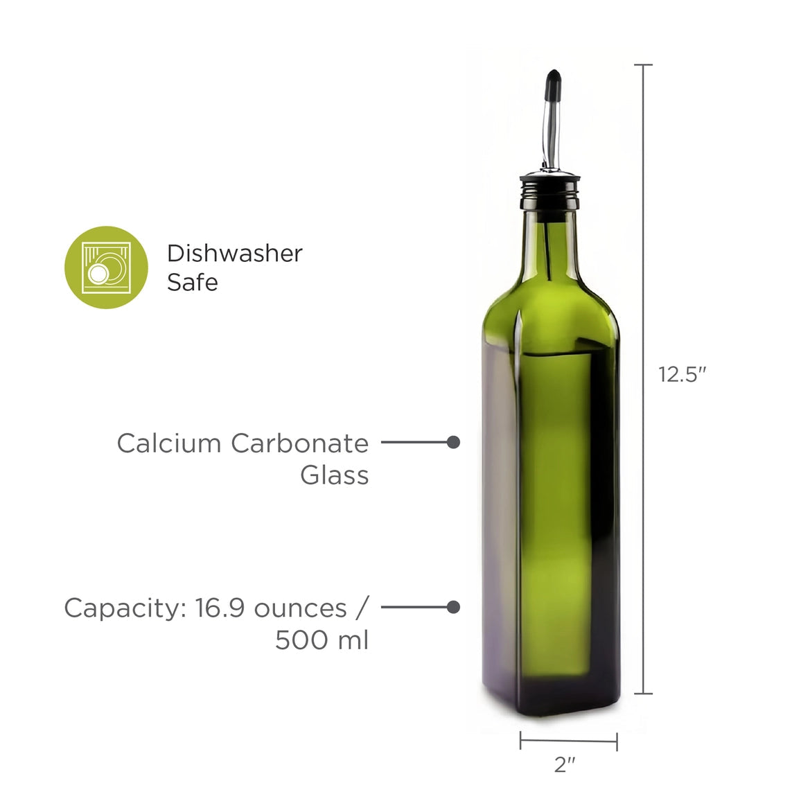 Green Glass Olive Oil Bottle with Spout Lids, 16.9 oz