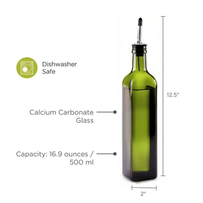 Green Glass Olive Oil Bottle with Spout Lids, 16.9 oz