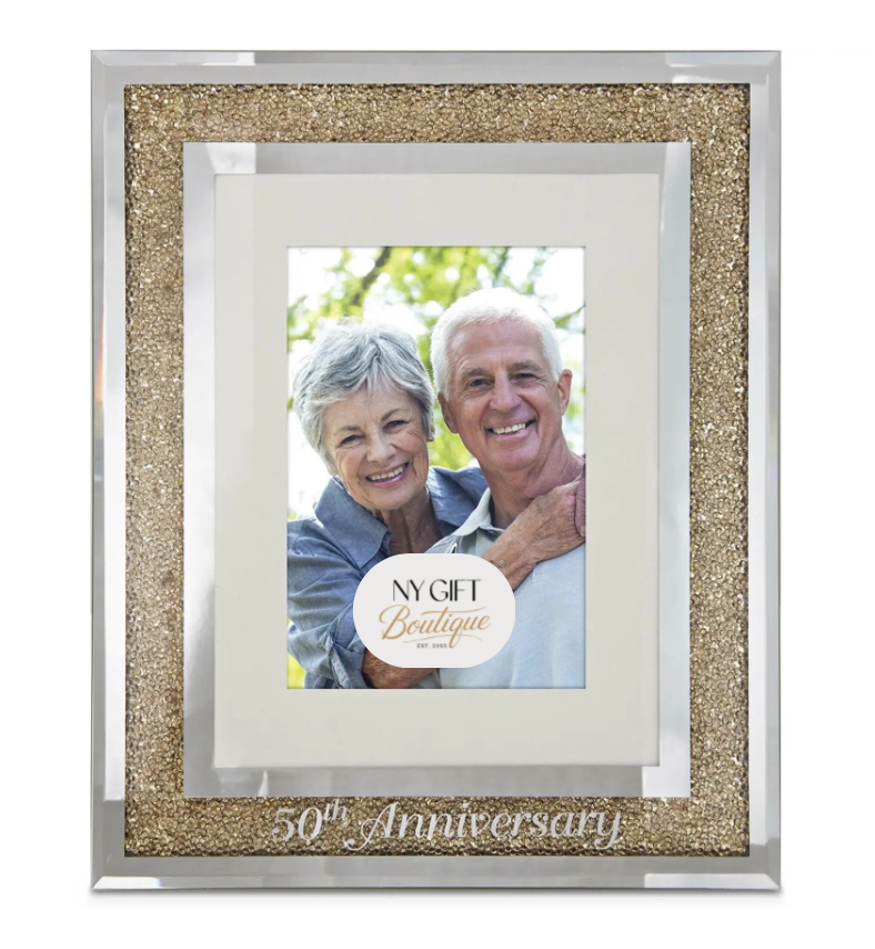 Framed photo of a couple with 'My Gift Boutique' label and '50th Anniversary' text.
