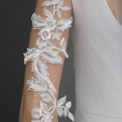 Floral Vine Embroidered Lace Rhinestones Veil 42" X 60" - Ivory