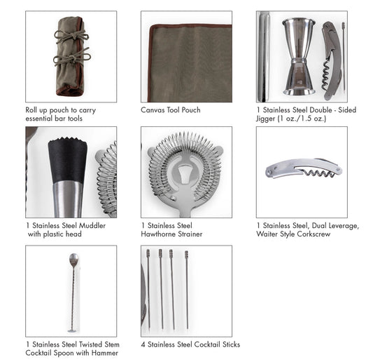 Set of stainless steel bar tools with descriptions on a white background