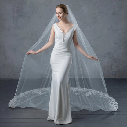 Floral Embroidered Lace Bridal Veil Rhinestones 120" X 90" - Ivory