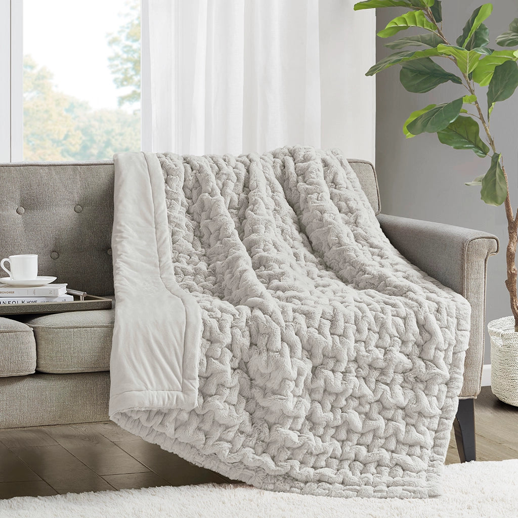 Ruched Fur Throw Blanket 50x60", Silver Grey