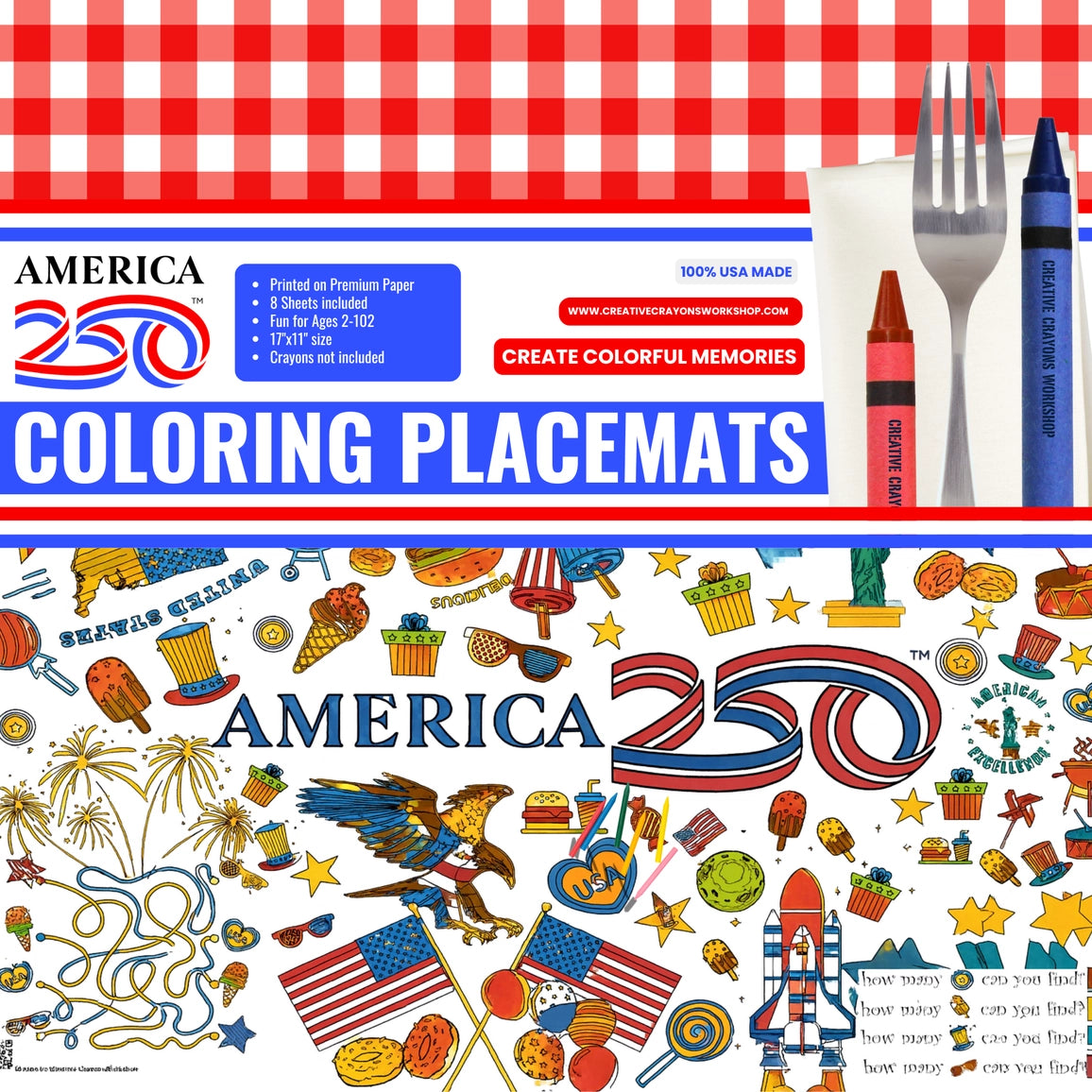 America 250 Coloring Placemats - 8 Sheets