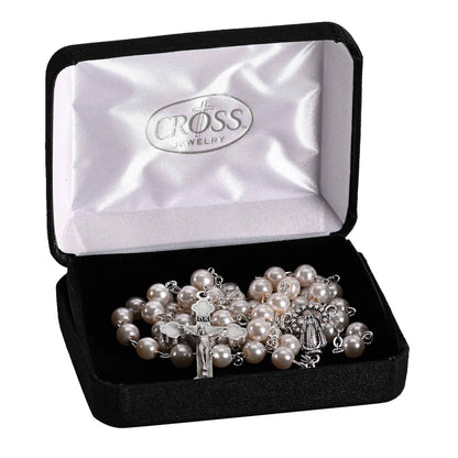 Rosary Glass Pearl Bead Silver Plate 18"L