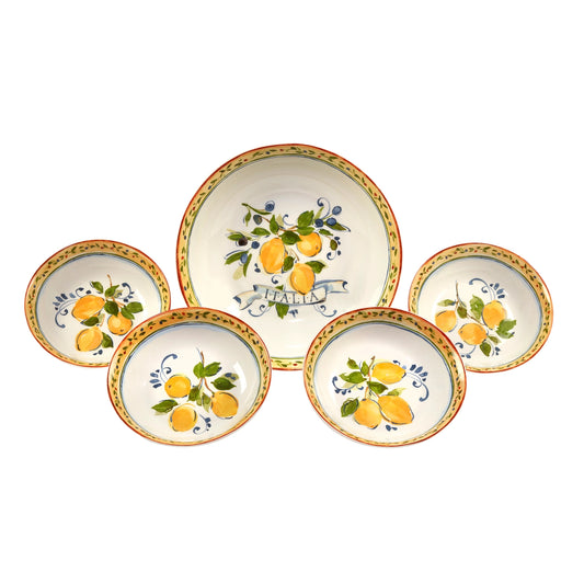 Set of ceramic plates with lemon design on a white background