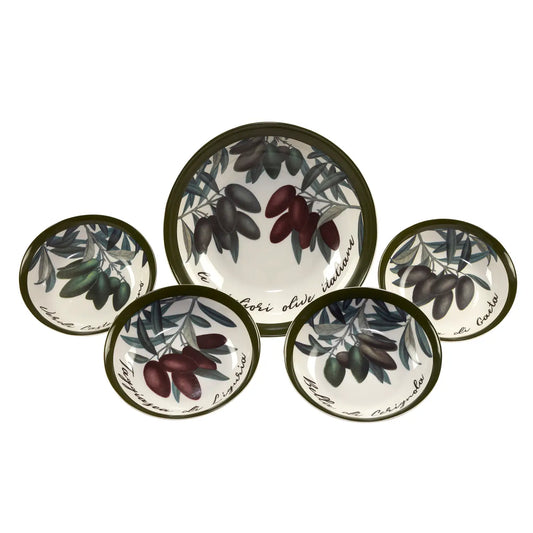 Set of five decorative plates with olive design on a white background