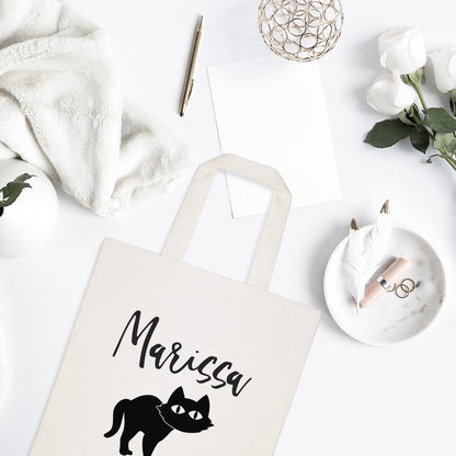 Personalized Name Black Cat Kids Canvas Tote Bag