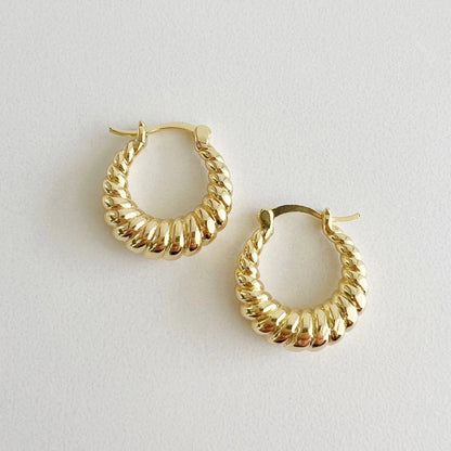 Gold hoop earrings on a light gray background