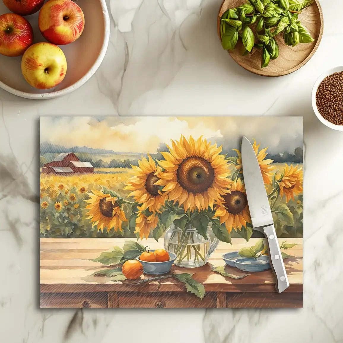 Sunflower Bouquet Tempered Glass Cutting & Serving Board