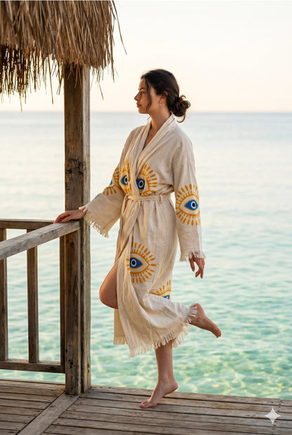 Evil Eye Turkish Cotton Kimono Robe - Lightweight - NY Gift Boutique