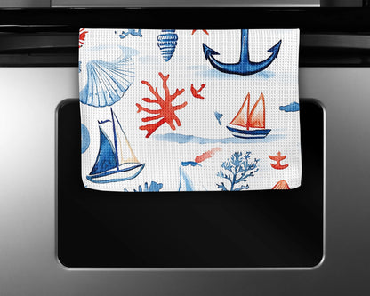 Coral Nautical Anchor Waffle Weave Tea Towel