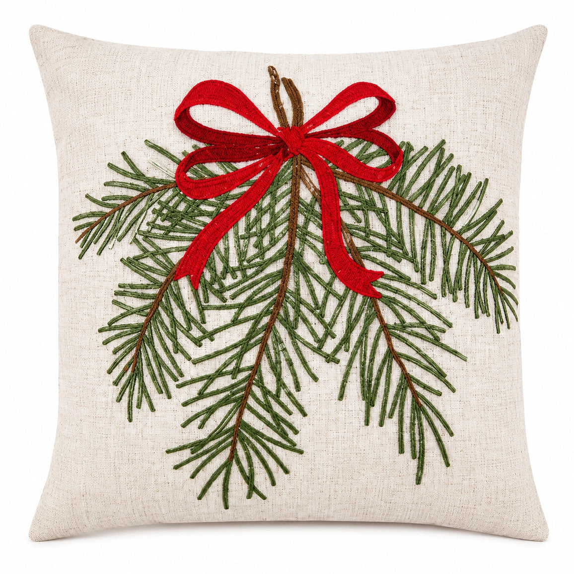 Embroidered Pine Branch & Red Bow Throw Pillow