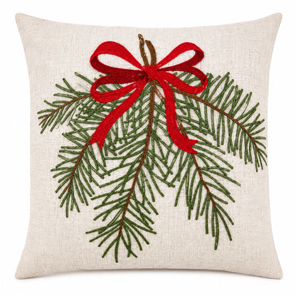 Embroidered Pine Branch & Red Bow Throw Pillow