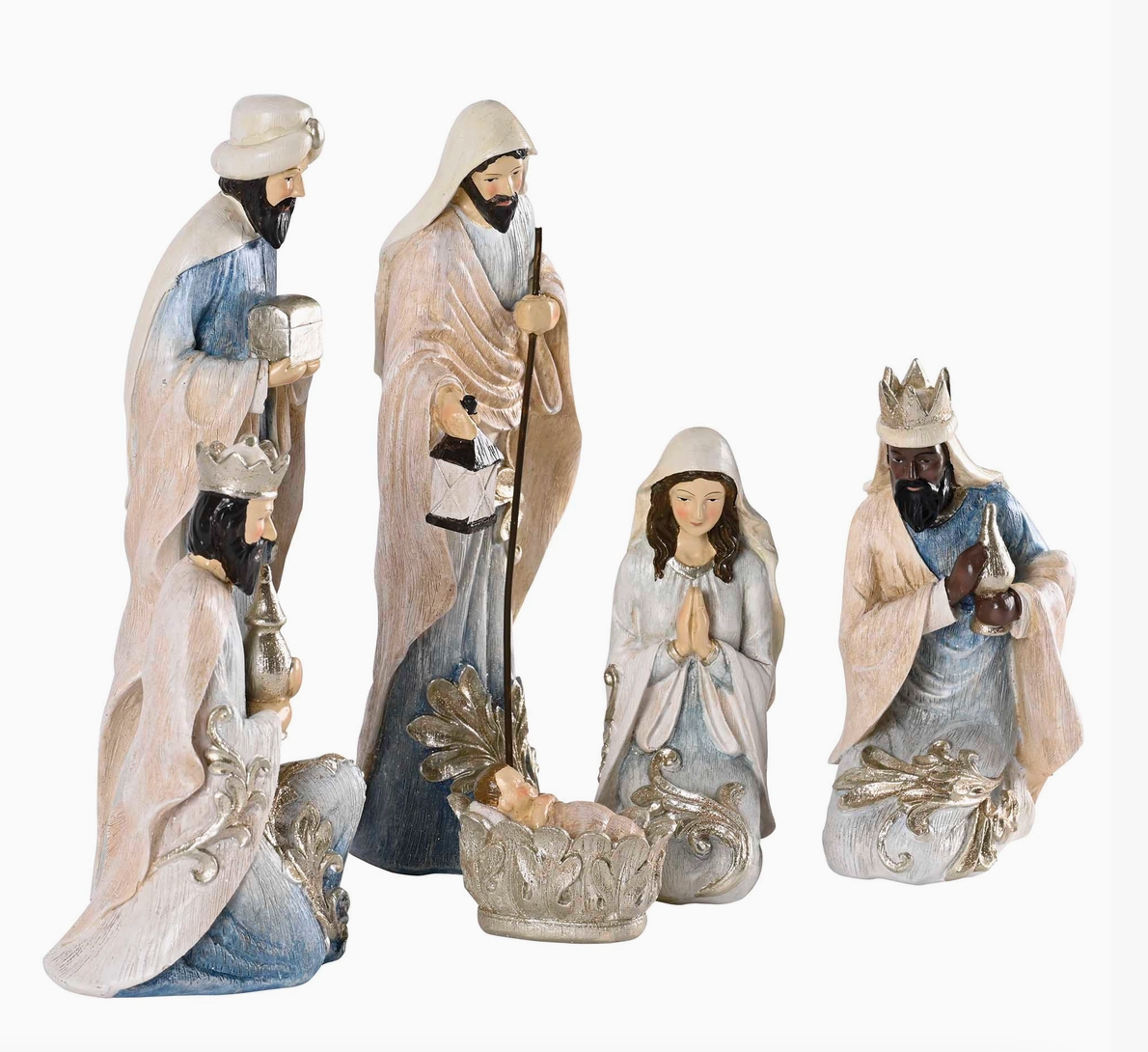 Holy Family and Three Wise Men resin Nativity figures arranged around Baby Jesus in an ivory blue and silver color palette