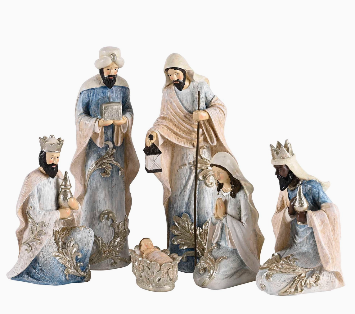 Six-piece Christmas Nativity set with Mary, Joseph, Baby Jesus and Three Wise Men in blue ivory and silver robes