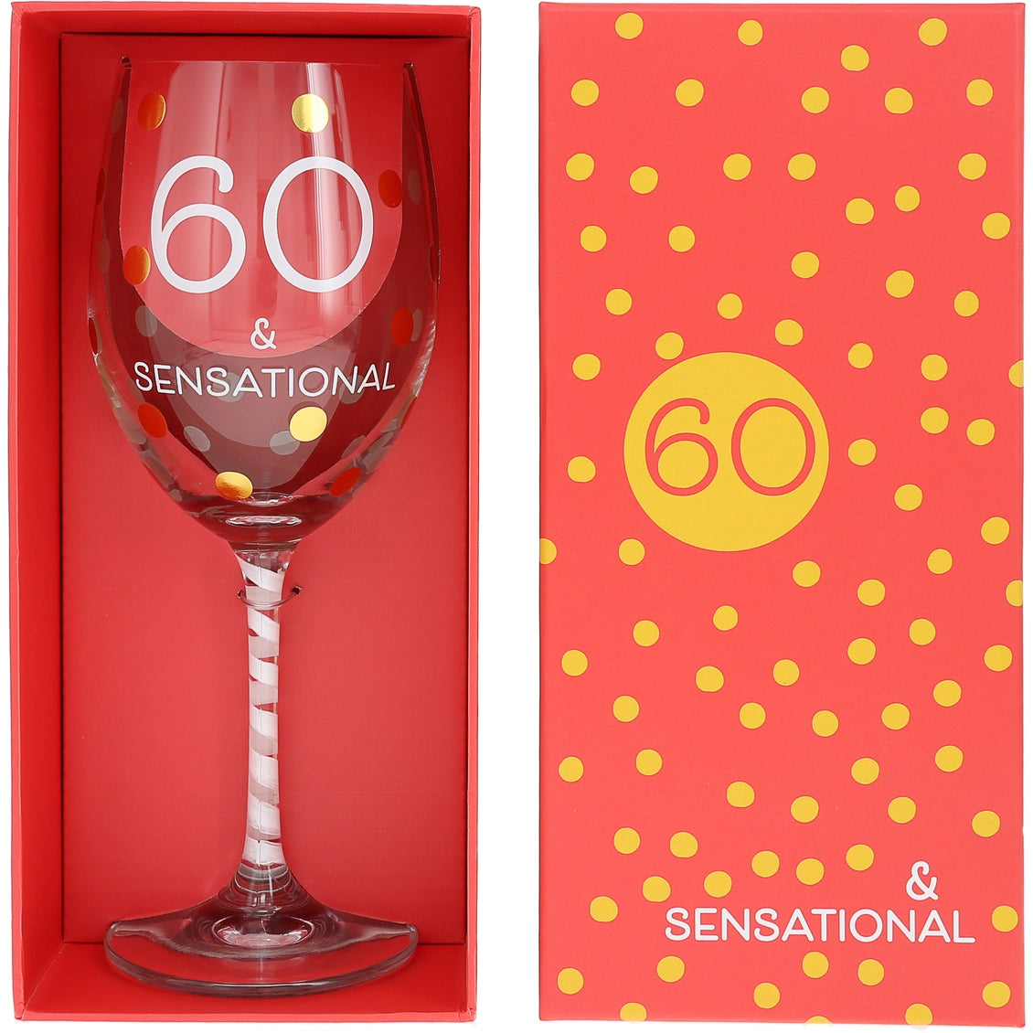 Wine glass with '60 & Sensational' text in a red box with yellow polka dots