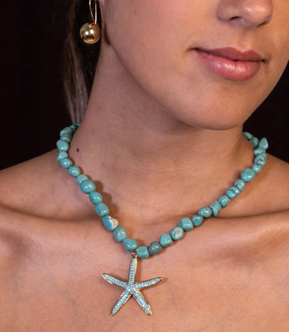 Natural Turquoise Starfish Pendant Necklace – in 18K Gold