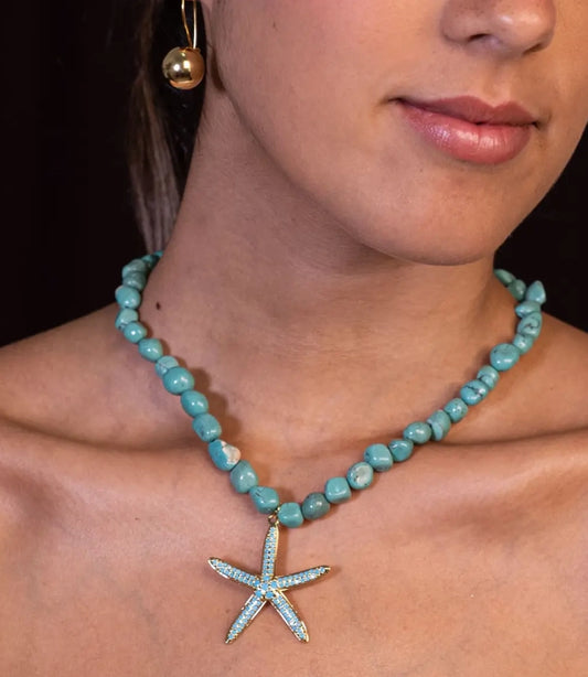 Natural Turquoise Starfish Pendant Necklace – in 18K Gold