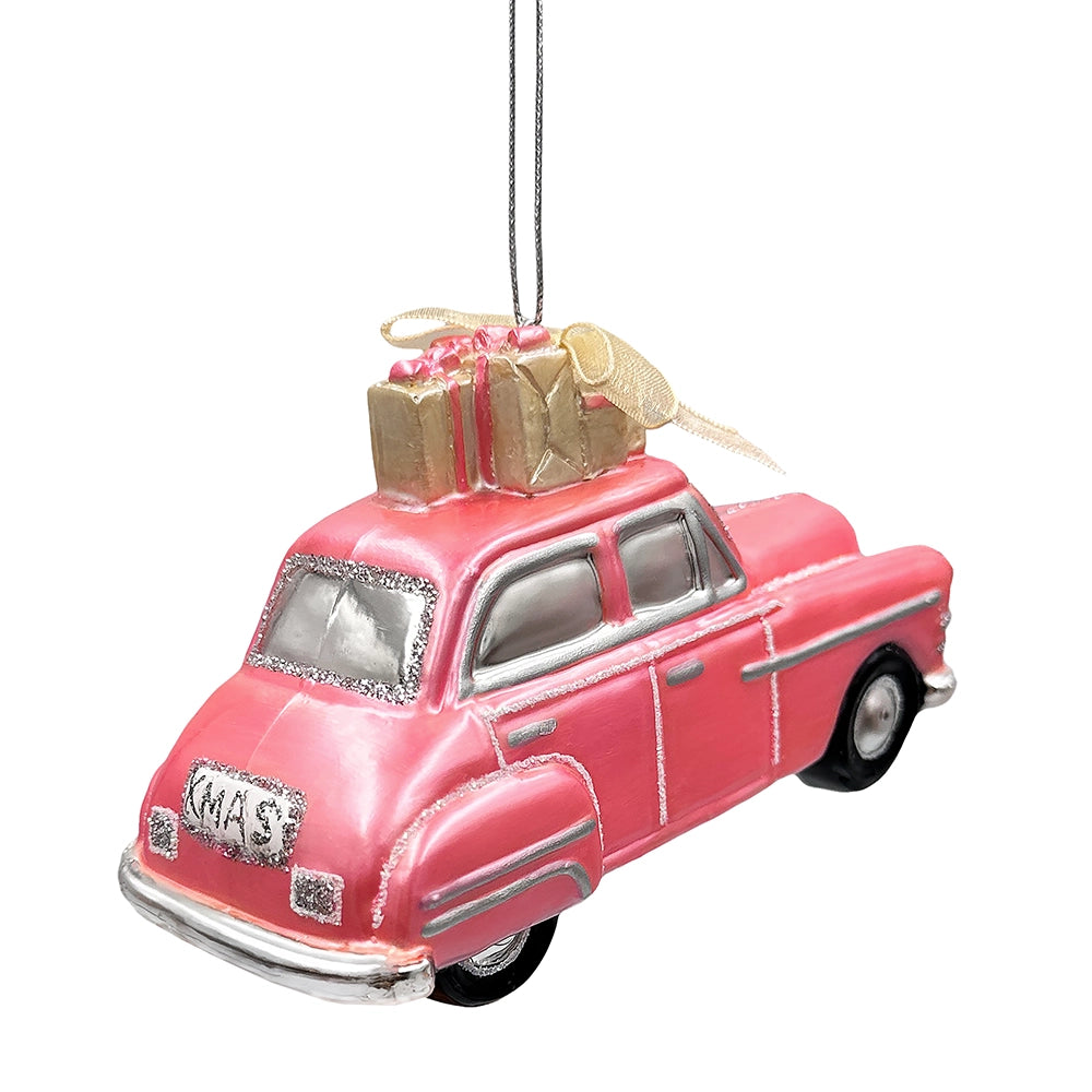 Nostalgic Pink Car Glass Christmas Ornament, Vintage Classic