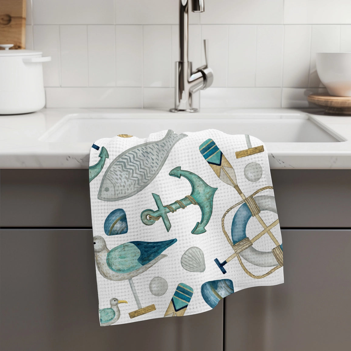 Nautical Anchor Kitchen Waffle Weave Towel - Thumbnail 2