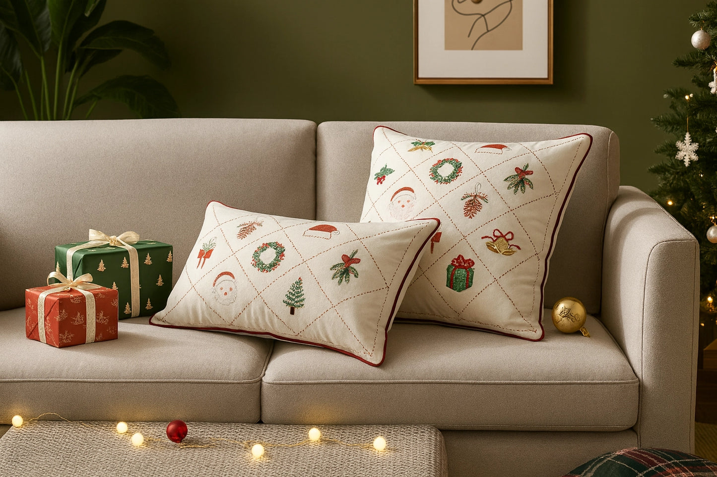 Christmas Design Velvet White Throw Pillow