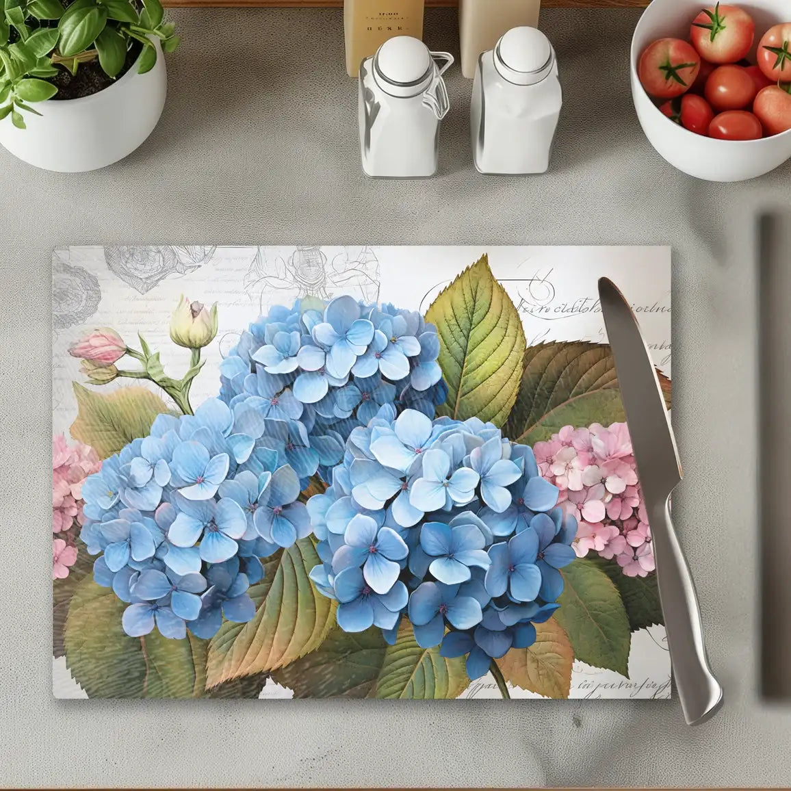 Blue & Pink Hydrangeas Tempered Glass Kitchen Cutting & Serving Board - Thumbnail 2
