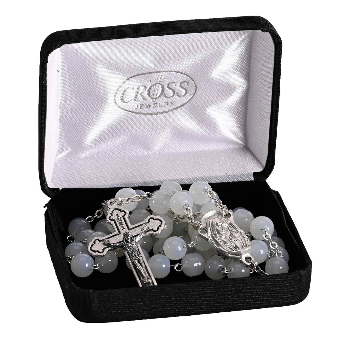 Rosary White Glass Bead Silver Plate 20"L - NY Gift Boutique