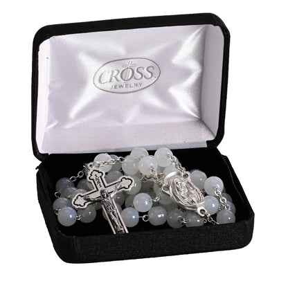 Rosary White Glass Bead Silver Plate 20"L - NY Gift Boutique