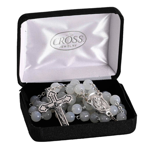 Rosary White Glass Bead Silver Plate 20"L - NY Gift Boutique