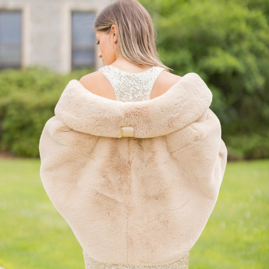 Camel Faux Fur Collins Capelet- Waterproof Satin Lining