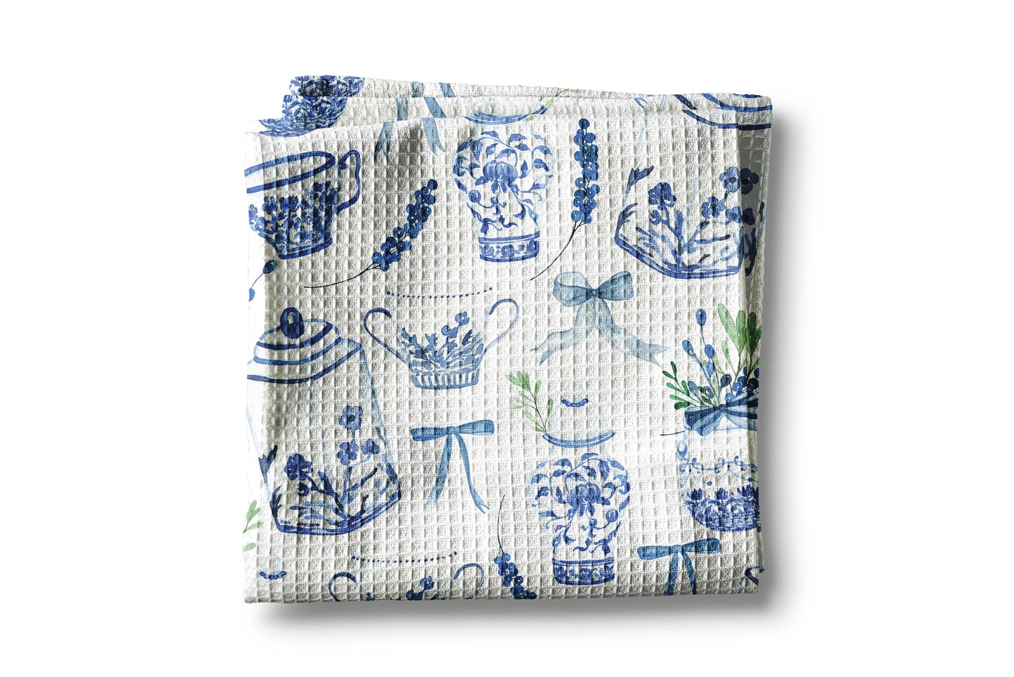 Chinoiserie Blue Floral Vase Waffle Weave Towel