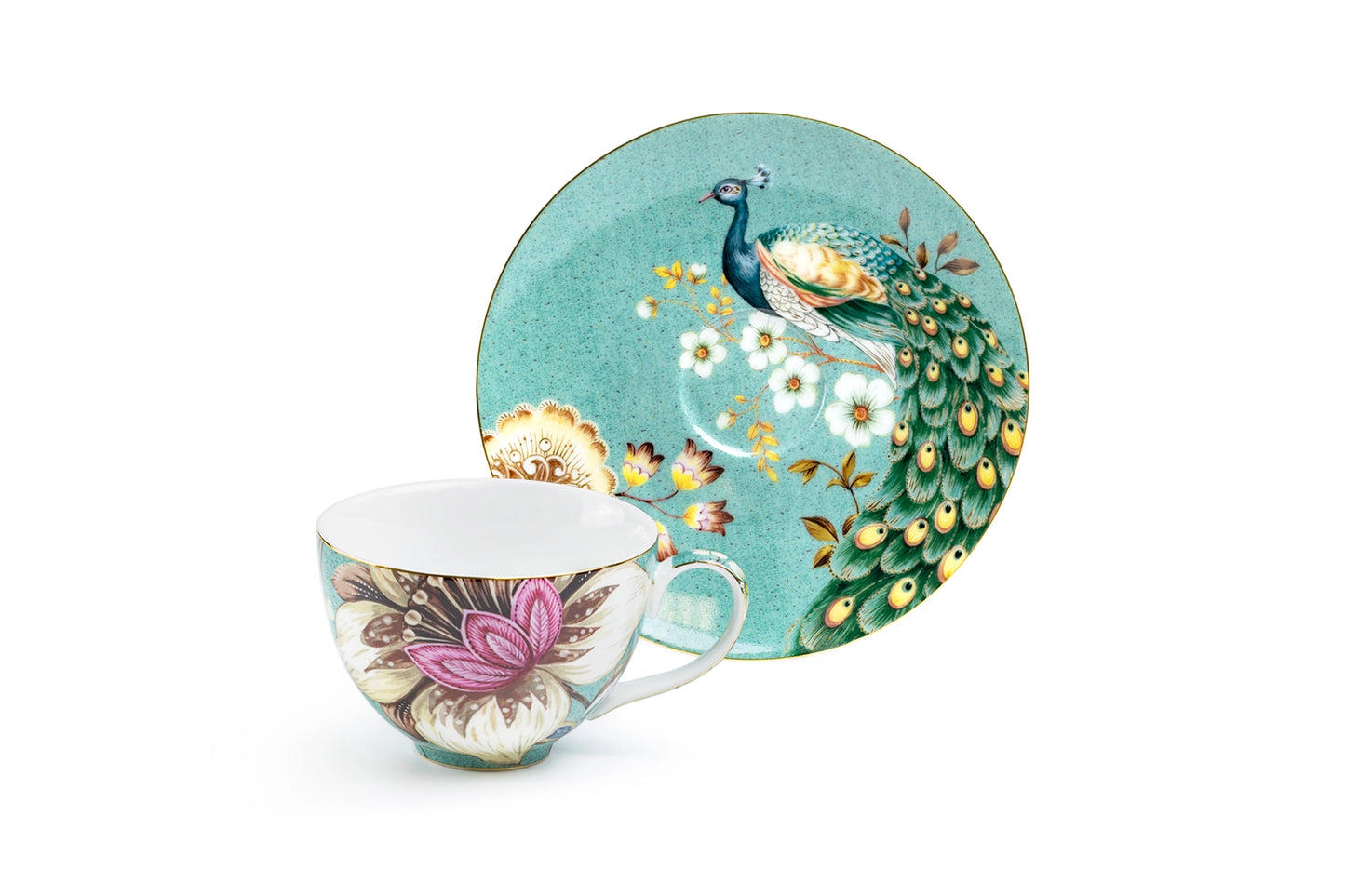 Peacock Lotus Garden Green Fine Porcelain Cup Saucer Set of 4