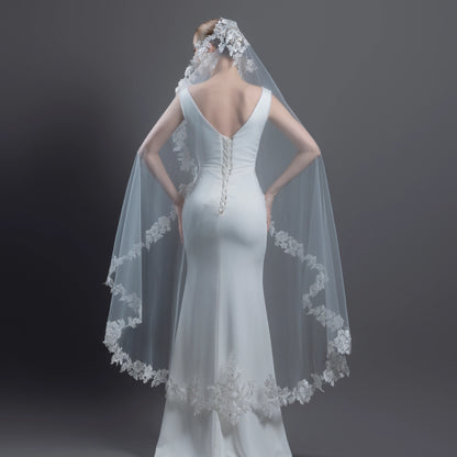 Floral Embroidered Lace Mantilla Veil 60" X 72" - Ivory