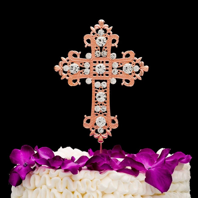 Rose Gold  Fancy Crystal Cross Cake Topper