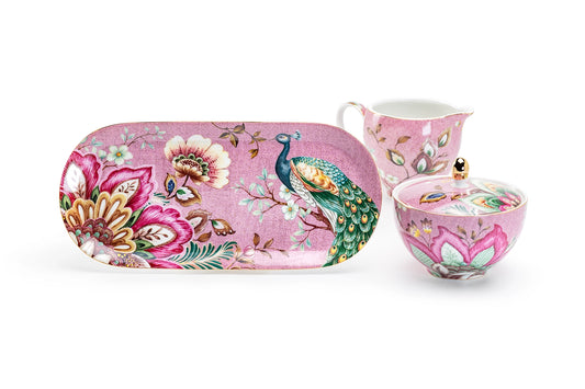 Peacock Lotus Garden Pink Sugar Creamer Serving Tray Set