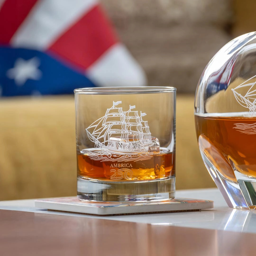 America250™ Tall Ship 3 Pc Set | Whiskey Decanter and Rocks Glasses
