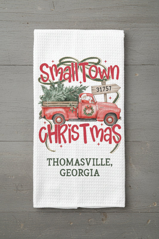 Custom Christmas Small Town Sign Waffle Weave Kitchen Towel