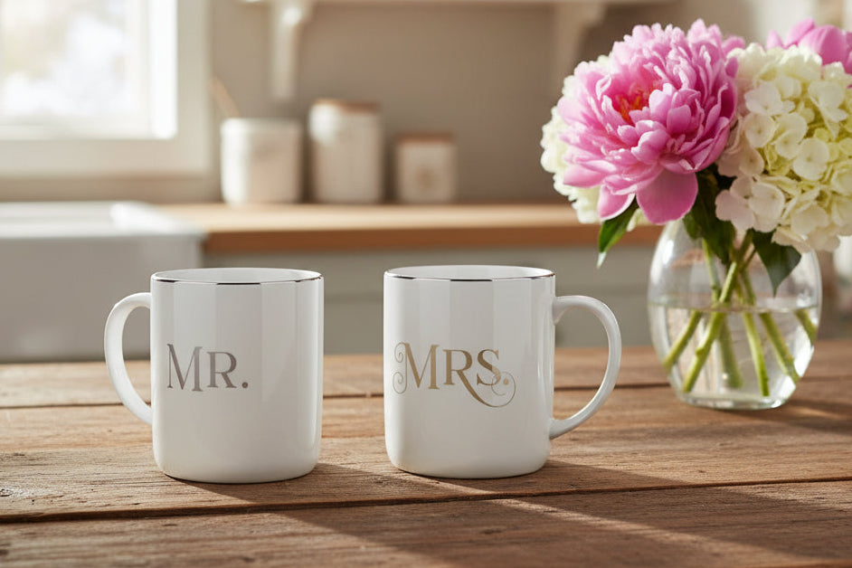 Two white mugs with 'Mr.' and 'Mrs.' text in a packaging box on a white background